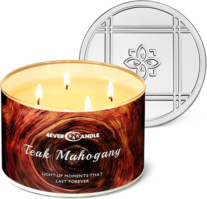 4EVER Scented Candles | 4-Wick 18oz Soy Wax Candle | Up to 50Hrs Clean Burn | Aromatherapy Candles for Home Scented | Gifts for Women & Mom, Teakwood & Mahogany