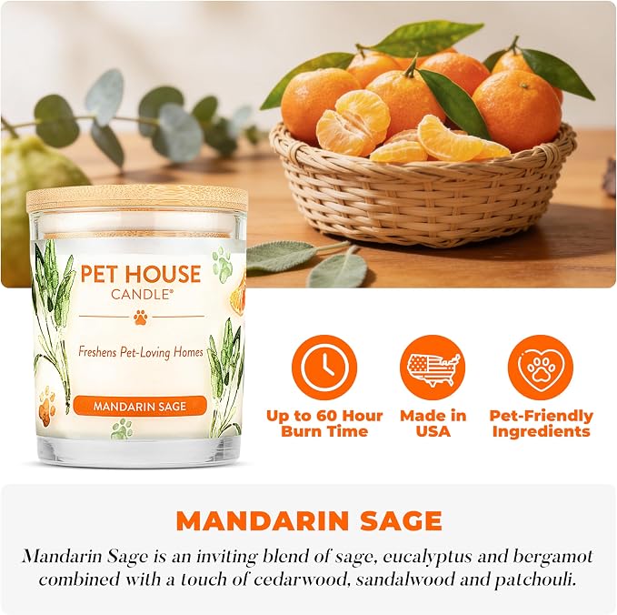 One Fur All Pet House Scented Candles, Long Lasting, Clean Burning, Pet Friendly Candles Mandarin Sage, 2 Pack
