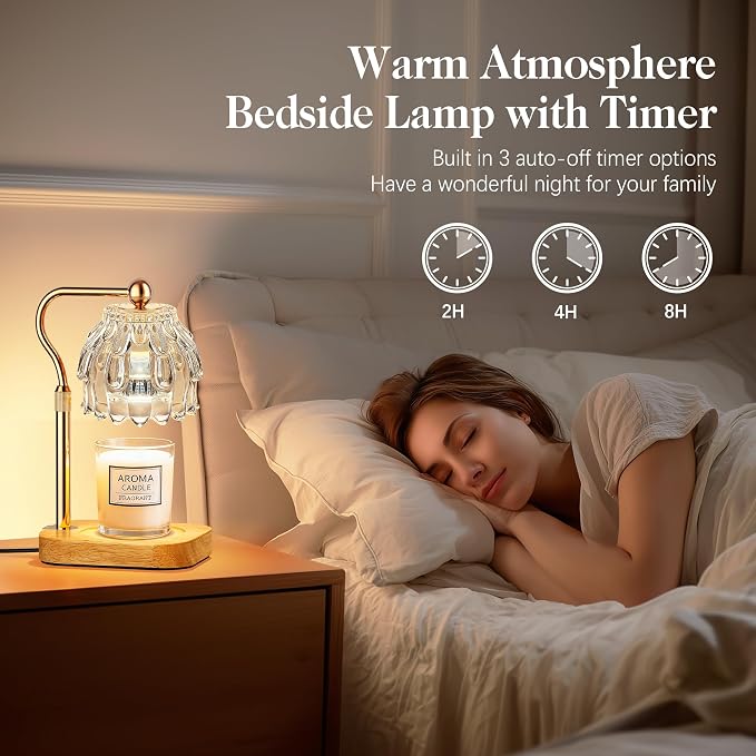 Candle Warmer Lamp with Timer Dimmer, Modern Wax Warmer for Scented Wax Jar Candle Warmer with 2 Bulbs, Adjustable Height Glass Lamp for Gifts for Women, Home Decor, Gold Clear