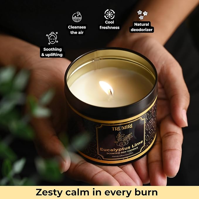 Eucalyptus Candle with Lime Strong Scented Soy Candel Clean Non Toxic Velas Aromáticas for Home Pack of 1 Gift for Fall Christmas Holidays