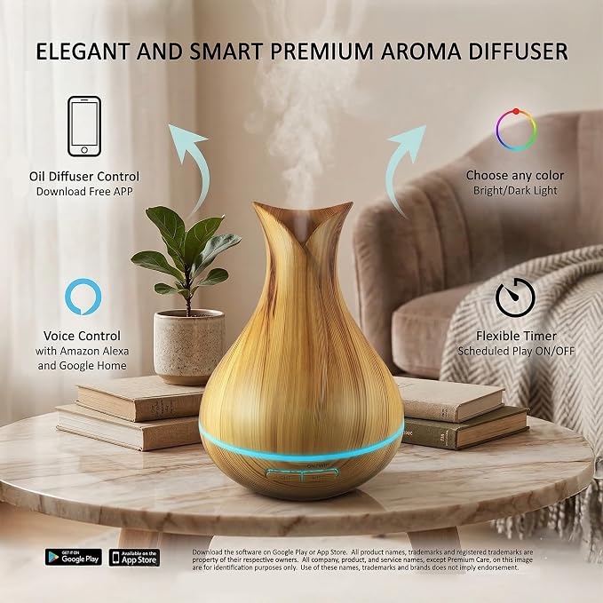 Sierra Modern Home Smart WiFi Humidifier - Aromatherapy Essential Oil Diffusers with App Control & Voice Control - Works with Alexa & Google Home - 400ml Ultrasonic Diffuser & Humidifier - Light Brown