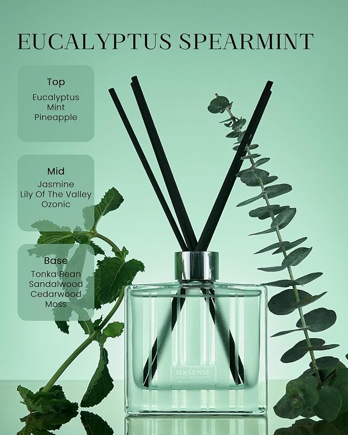 M&SENSE Eucalyptus & Spearmint Reed Diffuser Set - 7.04 fl oz with Sticks, Rich Fragrance & Refreshing Non-Toxic Scent for Home Bathroom Office Study Other Workspaces Needing Focus, Gifts for Women