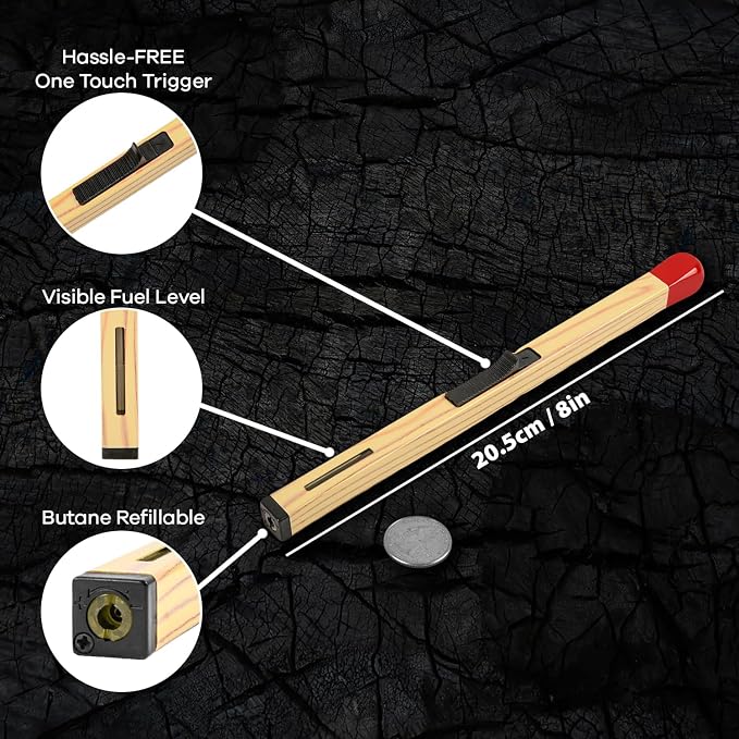 Match Stick Shaped Multipurpose Butane Lighter, Novelty Candle and Grill Lighters, Extended Handle Flame Igniters for Candles, Fireplaces and BBQ (Pack of 2)