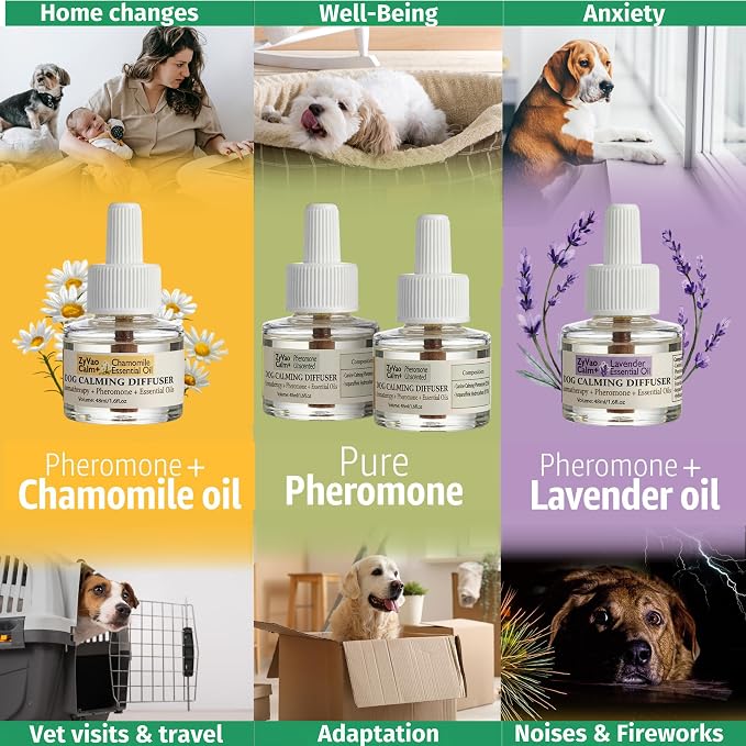120 Days Advanced Dog Calming Diffuser Kit with Pheromones + Lavender & Chamomile for Anxiety Relief, Dog Pheromones Calming Diffuser Plug-in - 2 Diffusers & 4 Refills