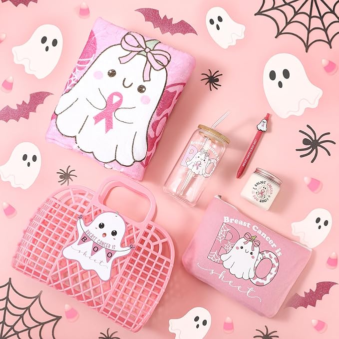 Roshtia 7 Pcs Breast Cancer Theme Jelly Basket for Women Throw Blanket Glass Mug Candle Jar Makeup Bag Plastic Handbag with Pen Card Gift for Breast Cancer Survivor
