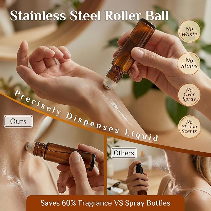 PrettyCare 12 Pack, 10 ml Essential Oil Roller Bottles with Stainless Steel Roller Ball - Refillable Leak-proof Empty Thick Amber Glass Roll on Bottles with Wooden Caps for Travel, Perfume