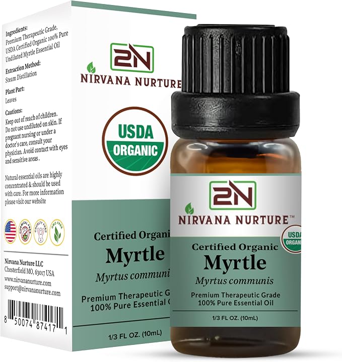Myrtle Essential Oil, USDA Certified Organic, 100% Pure Undiluted, Aromatherapy Oil for Diffuser, Hair & Skin Care