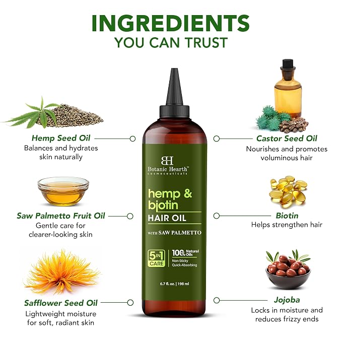 Botanic Hearth 100% Pure Hemp & Biotin Oil For Hair Growth & Hair Treatment Oils 6.7 Fl oz | Infused with coconut Oil | Hair Oil Repairs Dry Damaged Hair, Strengthening, Healthier | All Hair Types