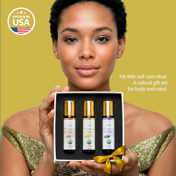 3PC Essential Oils Gift Set - Frankincense Lemon Lavender - Pure 100% USDA Organic - Skin Scalp Hairline Roots Nails Breathwork - Temple Chest Wrist - Natural Stone Roller Amber Glass Bottle Gift Box