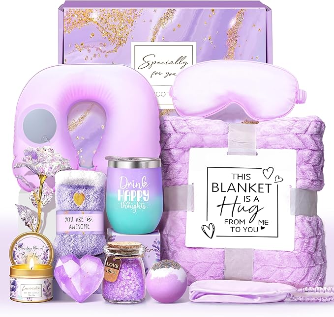 LUCOTIYA Gifts for Women, Get Well Soon Birthday Gift Basket for Her Friends Daughter Bestie Teachers Self Care Package with Flannel Blanket Idea for Mom