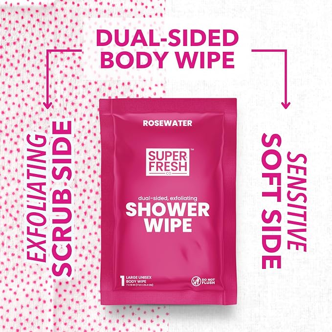 Super Fresh Shower Wipes Large Rosewater Body Wipes for No Rinse Bathing Personal Hygiene Gym Travel or Camping Enriched with Aloe and Vitamin E 50 Individually Wrapped Disposable Sheets
