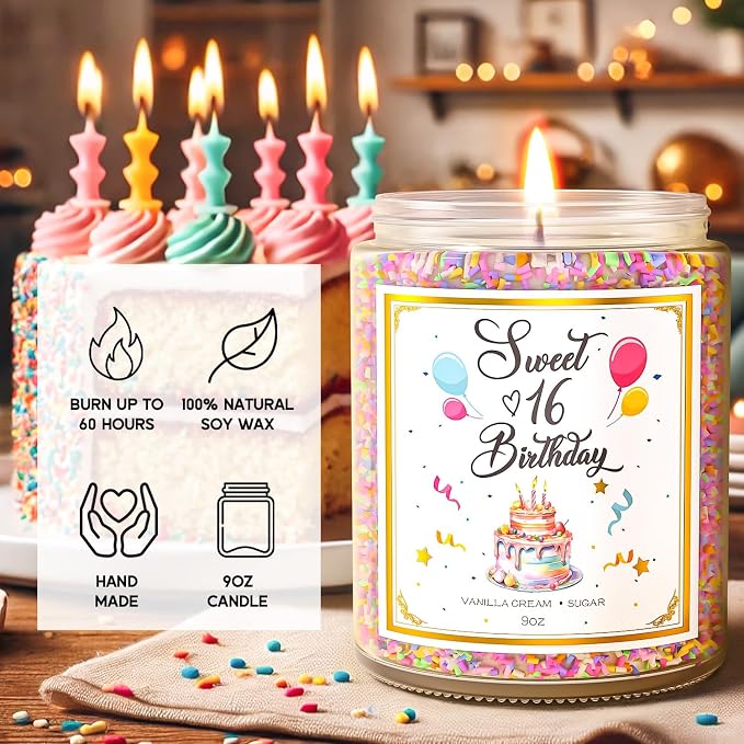 VEGISHINE Sweet 16 Birthday Candles for Women - 9 oz Happy Birthday Candle with Vanilla Birthday Cake Scent, Gifts for Women & Men, Friendship Ideas
