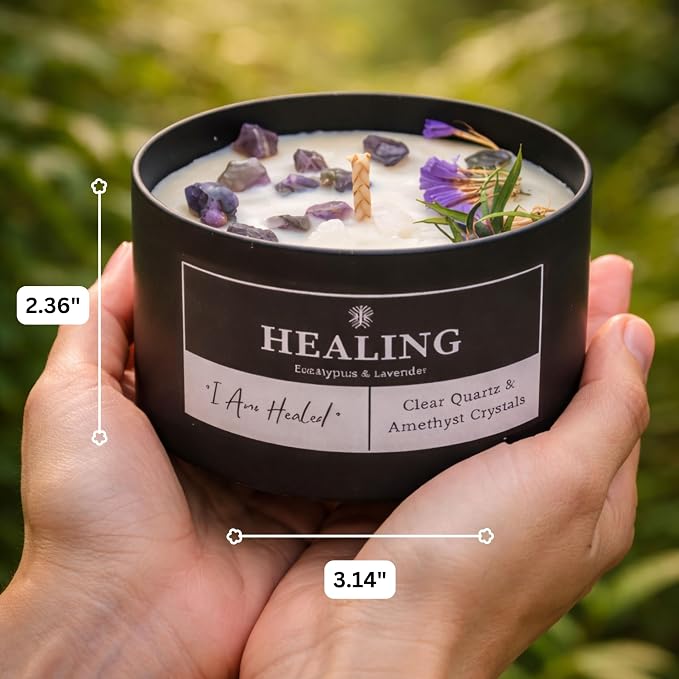 Healing Crystals Candle for Meditation & Room Decor, 8oz, Aromatherapy Candle with Clear Quartz and Amethyst, Eucalyptus & Lavender Essential Oil Scented Candles, Non Toxic Candles for Stress Relief