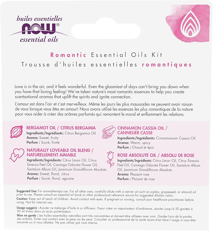 NOW Essential Oils, Love at First Scent Aromatherapy Kit, 4x10ml Including Bergamot, Cinnamon Cassia, Rose Absolute and our Naturally Loveable Essential Oil Blend With Child Resistant Caps