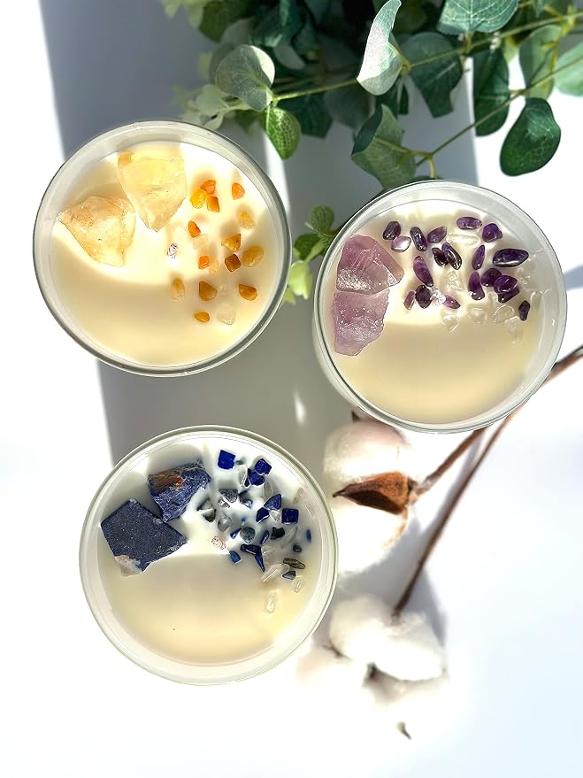 Citrine Crystal Candle – 10oz / 280g | Lemongrass & Litchi Aromatherapy | Hand-Poured Soy Wax | Genuine Citrine Healing Crystals Embedded | Positivity, Success & Energy | Gift Box Included