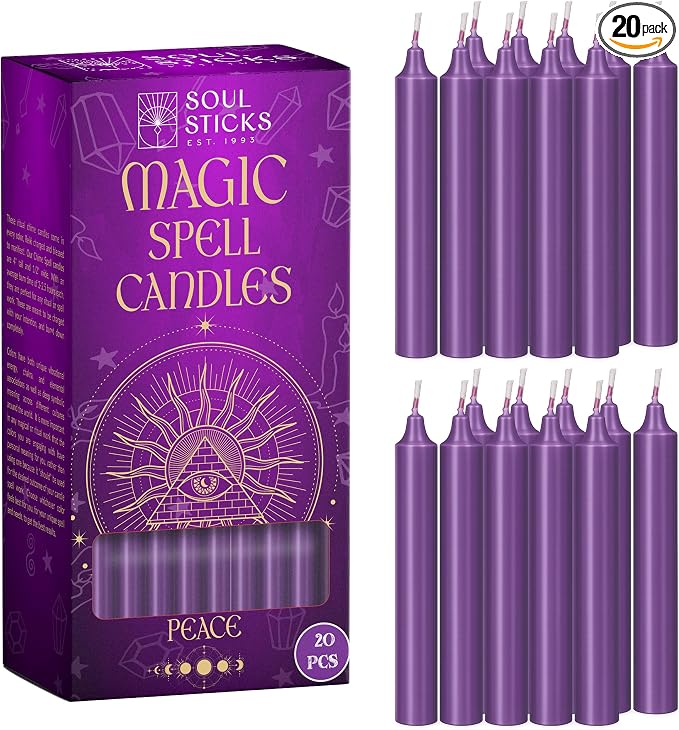 SOUL STICKS Peace Magic Spell Chime Taper Candles 20 Pack - Ideal for Altar, Rituals, Ceremonies, Meditation Purple Candle for Witchcraft Supplies, Wiccan, Unscented Candles Clearance