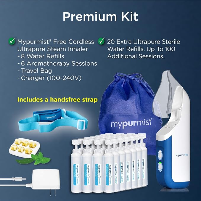 Mypurmist Free Premium Kit – Cordless Steam Inhaler with Water Refills, ScentPad, and Handsfree Strap – Personal Steamer Vaporizer Humidifier for Sinus Relief, Nasal Congestion, Cold