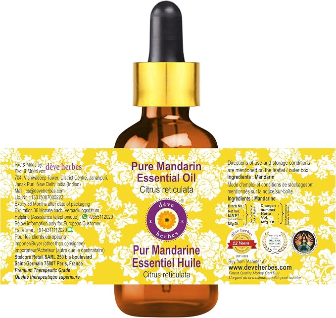 Deve Herbes Pure Mandarin Essential Oil with Glass Dropper 15ml (0.50 oz)