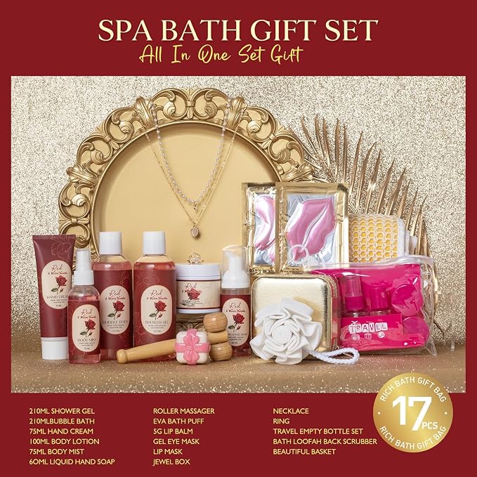 Mothers Day Gifts for Women, 23Pcs Bath and Body Gift for Women, Vanilla Rose Spa Gift Basket, Bath Gift, Spa Gift Kit, Home Spa Self Care, Necklace, Birthday, Christmas, Bridal Shower, Anniversary