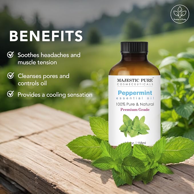 Majestic Pure Essential Oil with Glass Dropper - 100% Pure and Natural - Essential Oils for Diffuser, Aromatherapy, Soap and Candle Making, Peppermint Essential Oil, Peppermint Oil, 4 Fl Oz Pack of 2