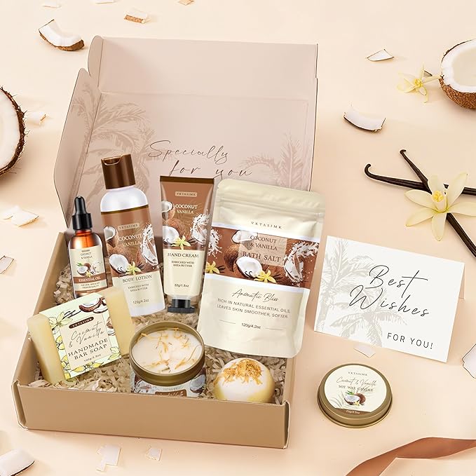 Gifts for Women Happy Birthday Gift Baskets, Bath and Body Gift Set Mothers Day Gifts, Vanilla Coconut Relaxing Home Spa Set Self Care Gift for Mom Sister Her Wife Grandma Girlfriend Friends