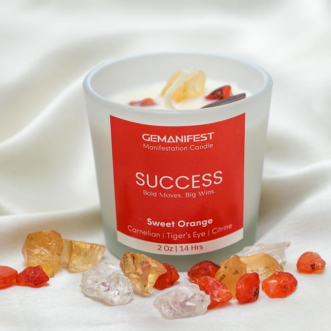 Success Manifestation Crystal Candle with Tigers Eye Bracelet for Career Business Exams Interviews Orange Scented Soy Wax for Motivation Gifts for Students Entrepreneurs and Goal Setters