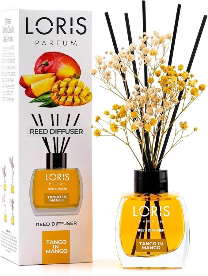 Loris Mango Reed Diffuser Set with Dried Flowers | Reed Diffusers for Home with Sticks | Bathroom Diffuser & Room Scent | Long-Lasting Home Fragrance | 120 mL / 4.06 fl oz
