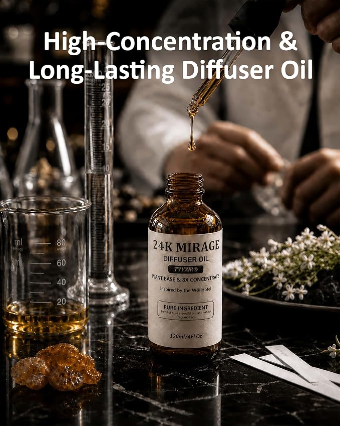 24K Hotel Diffuser Oil Inspired by W Hotel – Fragrance & Essential Oil Blend for Waterless & Cold Air Diffusers – Citrus, Lemongrass, Jasmine – Long-Lasting Aroma – Aromatherapy – 4 Fl Oz Glass Bottle