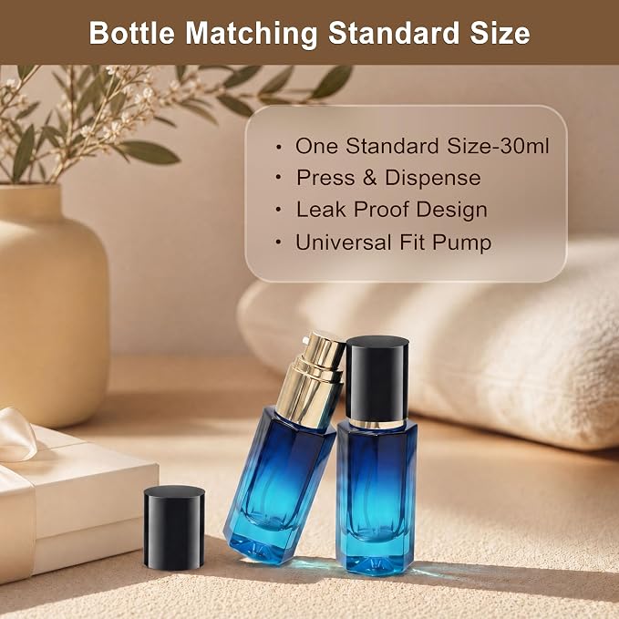 1oz Travel Pump Bottle, 30ml Gradient Glass Liquid Dispensing Bottle with 3 Transfer Tools, Leak-Proof Small Refillable Makeup Containers for Toiletries, Lotion, Essential Oils (Black-Blue Gradient)
