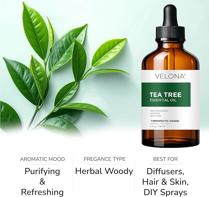 Tea Tree Essential Oil by Velona - 4 Fl Oz | Therapeutic Grade 100% Pure and Natural | for Aromatherapy Diffuser, Massage, Skincare, Haircare, Soapmaking | Undiluted and Multipurpose in Glass Bottle