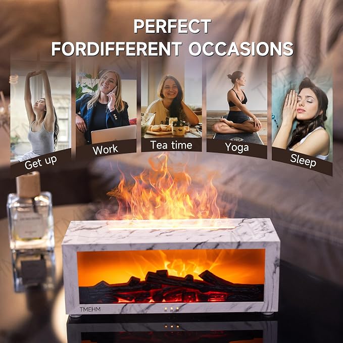 TMEHM Fireplace Flame Air Diffuser Humidifier,7 Colors Aromatherapy Essential Oil Diffuser,Ultrasonic with Timer for Home,Bedroom,Office,Yoga (White Marble)