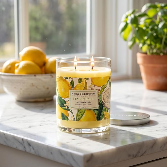 Michel Design Works Lemon Basil Scented Candle, 14 oz Soy Blend Dual Wick Glass Jar Candle with Lid, 75 Hour Burn Time, Citrus Herbal Home Fragrance Gift