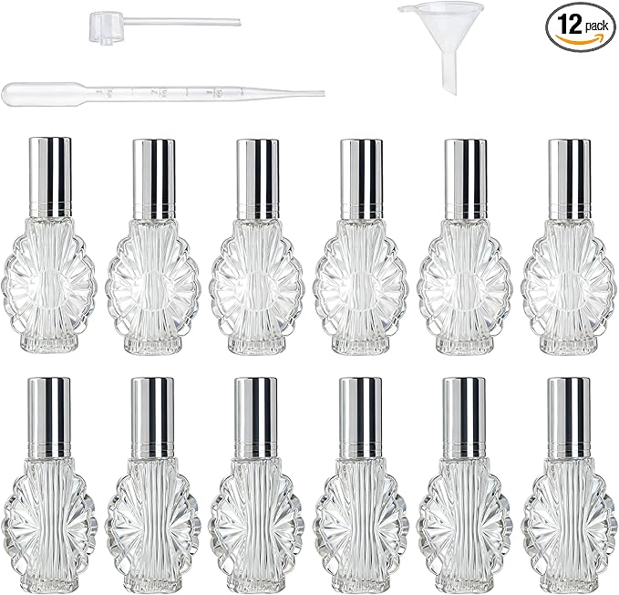 YU FENG 12pcs Empty Engraved Glass Perfume Atomizer Bottles with Funnels Pipettes Dispensers,Refillable Spray Perfume Bottles（13ml）