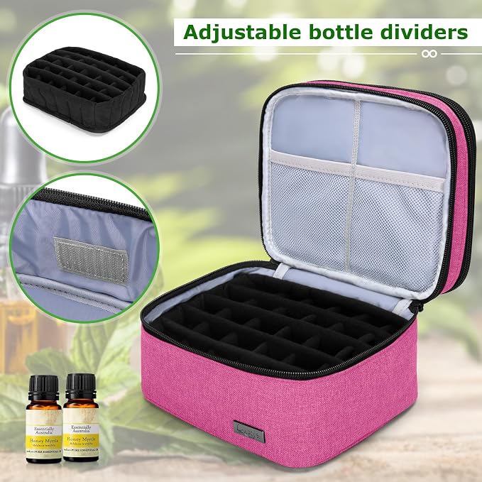 LUXJA Essential Oil Carrying Case - Holds 30 Bottles (5ml-30ml, Also Fits for Roller Bottles), Double-Layer Organizer for Essential Oil and Accessories, Pink (Bag Only)