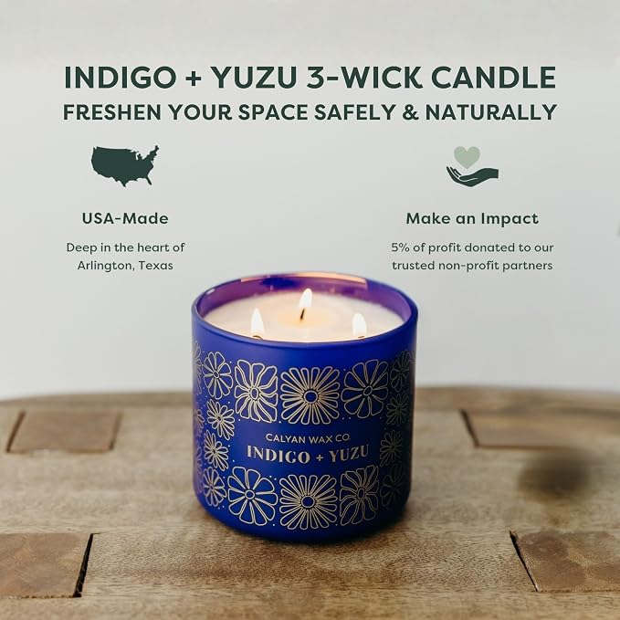 Calyan Wax Co. Indigo & Yuzu 3 Wick Scented Candle - 43 Hour Burn - Luxury 3 Wick Soy Candles - Clean Soy Wax Candles - Long Lasting Large Glass Jar Candle for Home - 14.9oz