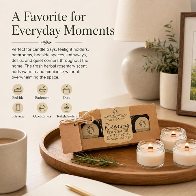 Rosemary Essential Oil Scented Tealight Candle Gift Set of 3 Handcrafted Natural Soy Candles Wooden Wick Dried Flowers Remembrance Home Office Aromatherapy Jar Tea Lights with Lids by Lathered Artisan