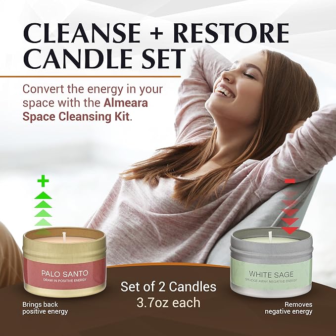 Almeara 2 in 1 Candle Combo - Sage and Palo Santo Set - 2x 3.7oz - Long Lasting |+40hr burn time |100% Soy Wax -Paraffin Free Candle For Cleansing House-Gift Box Ready-Relax and Restore The Body&Mind