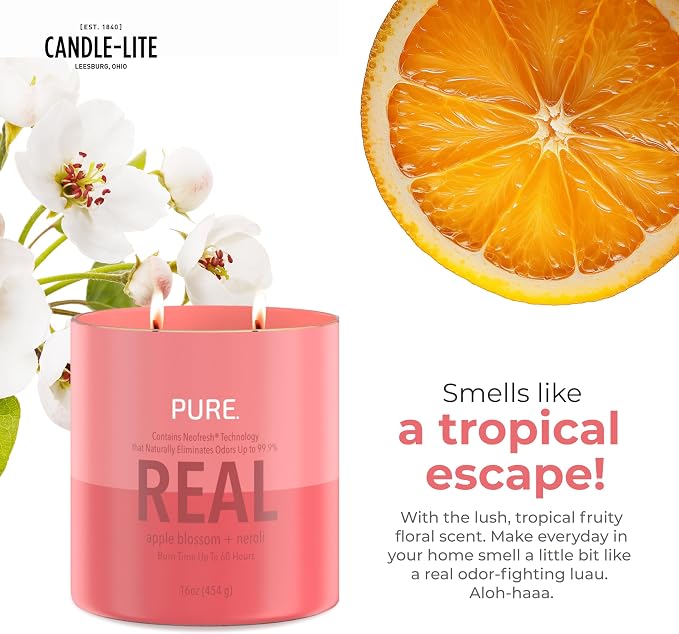 Candle-Lite Pure Apple Blossom & Neroli Odor Eliminating Scented Candles, Neofresh Technology Eliminates 99.9% of Odors, 16 oz 2-Wick Jar, Proudly Poured in The USA, Up to 60 Hours Burn Time