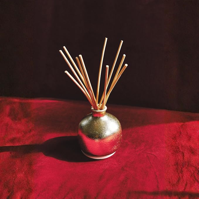 2025 Gold Holiday Diffuser | Refillable, Contains Essential Oil, Sustainable Wellness, Hand Finished, Premium, Luxury Ceramic, Rattan Reeds