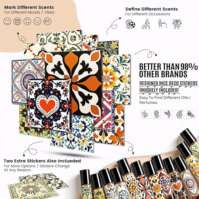 Roller Bottles for Essential Oils Roll On Bottles 12 Pack, 10ml Amber Rollerball Bottle Thick Glass Empty with Oil Perfume DIY Kits Boho Stickers Leak-Proof Refillable for Travel, Gift