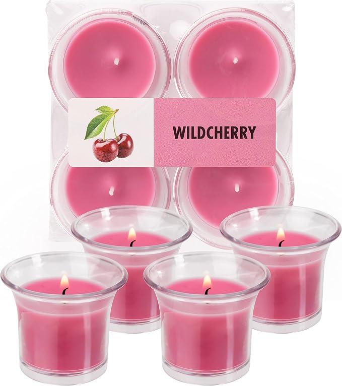 HYOOLA Clear Cup Scented Votive Candles - Wild Cherry - 12 Hour Burn Time - 4 Pack - European Made