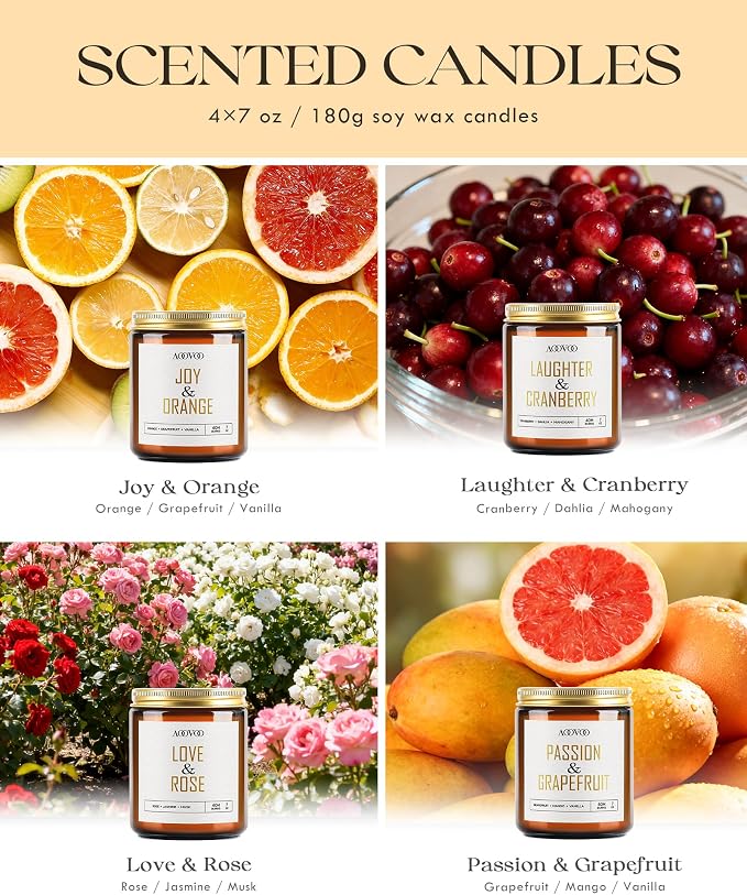 AOOVOO Candle Set - 4PC Scented Candles, 28 oz Soy Candles, Soy Candle for Home Scented, Joy Orange/Laughter Cranberry/Love Rose/Passion Grapefruit