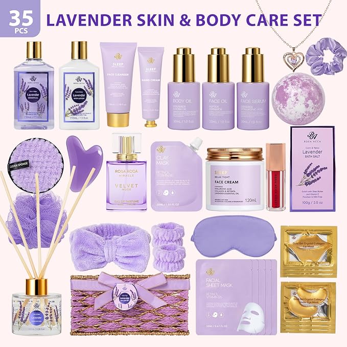 35 Pcs Mothers Day Gifts, Lavender Bath & Body Gift Basket for Women, Facial Skin Care Set, Home Spa Basket, Self-Care Set, Face Sheet Mask, Necklace, Birthday, Christmas,Anniversary