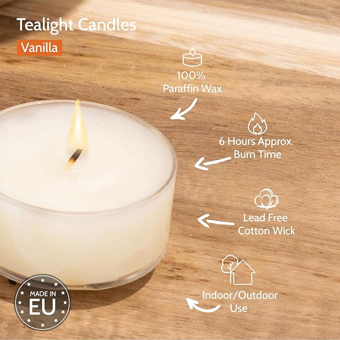 HYOOLA Scented Tealight Candles - Clear Cup - Vanilla Tealight Candles Scented - 6 Hour Burn Time - 15 Pack - European Made