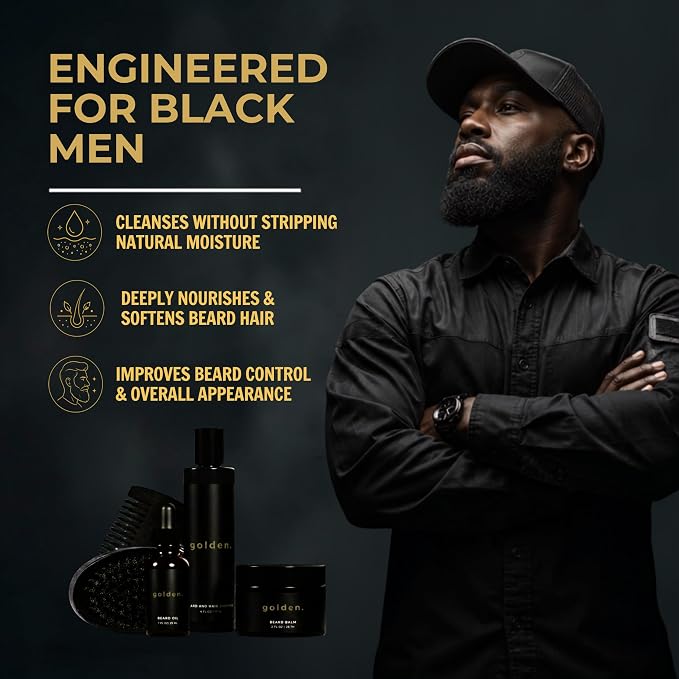 Golden Grooming Co. Beard Care Kit for Men - 5pc Grooming & Growth Set includes Beard Shampoo, Balm, Oil, Wood Comb & Boar Bristle Brush - Men's Self Care Gift Bundle