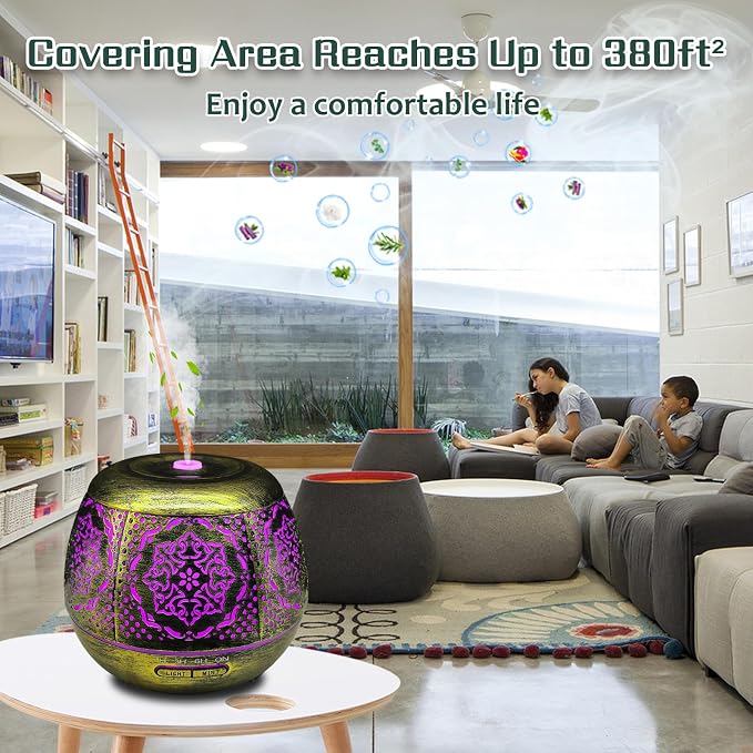 500ml Metal Essential Oil Diffuser, Antique Gold Aromatherapy Diffuser, Moroccan Hollow Out Design, 7 Color LED, Timer, Auto Shut-Off, Vintage Iron Cool Mist Humidifier for Large Room, Home Decor Gift