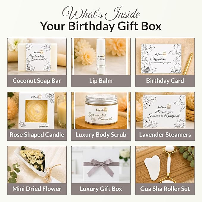 Luxury Spa Gifts for Women, Pamper Self Care Gift Set with Shower Steamers, Body Scrub, Candle & Gua Sha, Birthday, Bridal Shower & Thank You Gifts