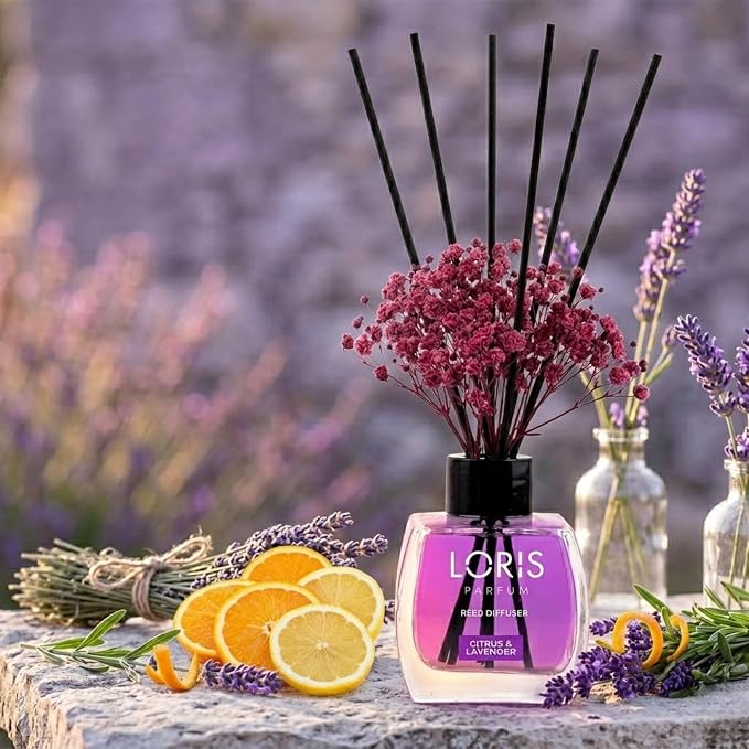 Loris Citrus & Lavender Reed Diffuser Set with Dried Flowers | Reed Diffusers for Home with Sticks | Bathroom Diffuser & Room Scent | Long-Lasting Home Fragrance | 120 mL / 4.06 fl oz