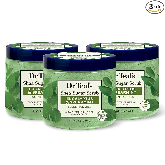 Dr Teal's Shea Sugar Scrub, Eucalyptus & Spearmint Essential Oils, 19 oz (Pack of 3)