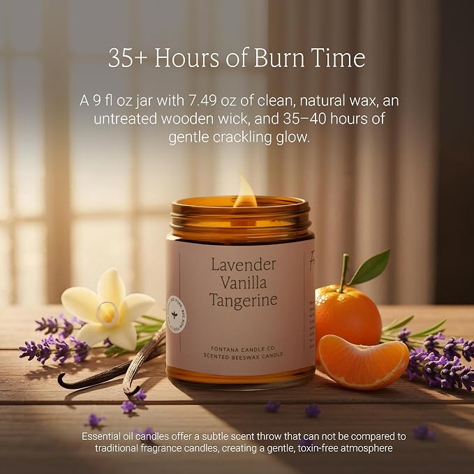 Fontana Candle Co Wood Wick Beeswax Jar Candle, Lavender Vanilla Tangerine – Made Safe with Coconut Oil & Pure Essential Oils – 35+ Hrs Clean Burn, Long Lasting and Non-Toxic Candles for Home & Room